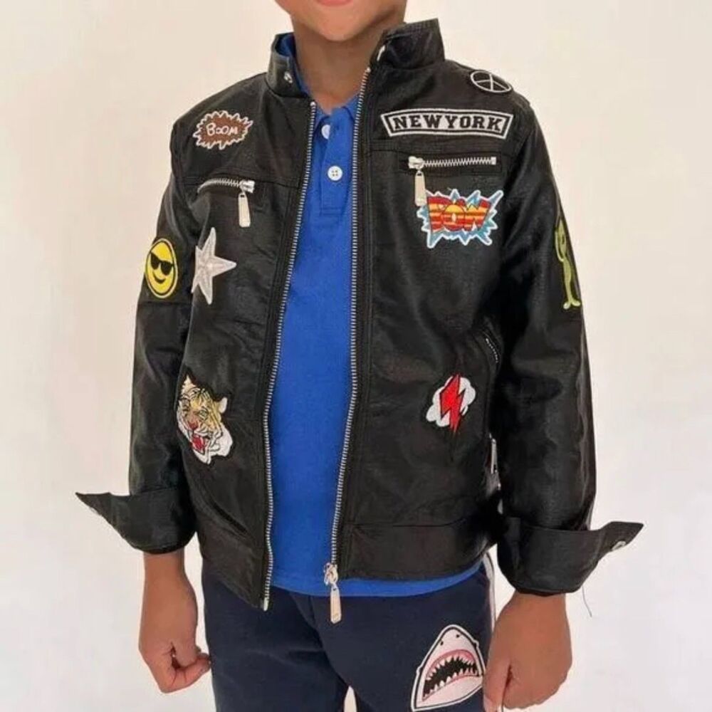 Kids Black Faux Leather Patch Jacket